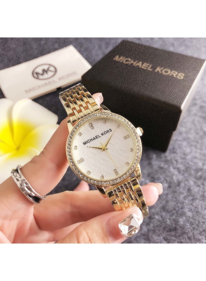 ام كي Michael Kors Women's Watch with Gold - Tone Stainless Steel Bracelet and Crystal - Studded White Dial