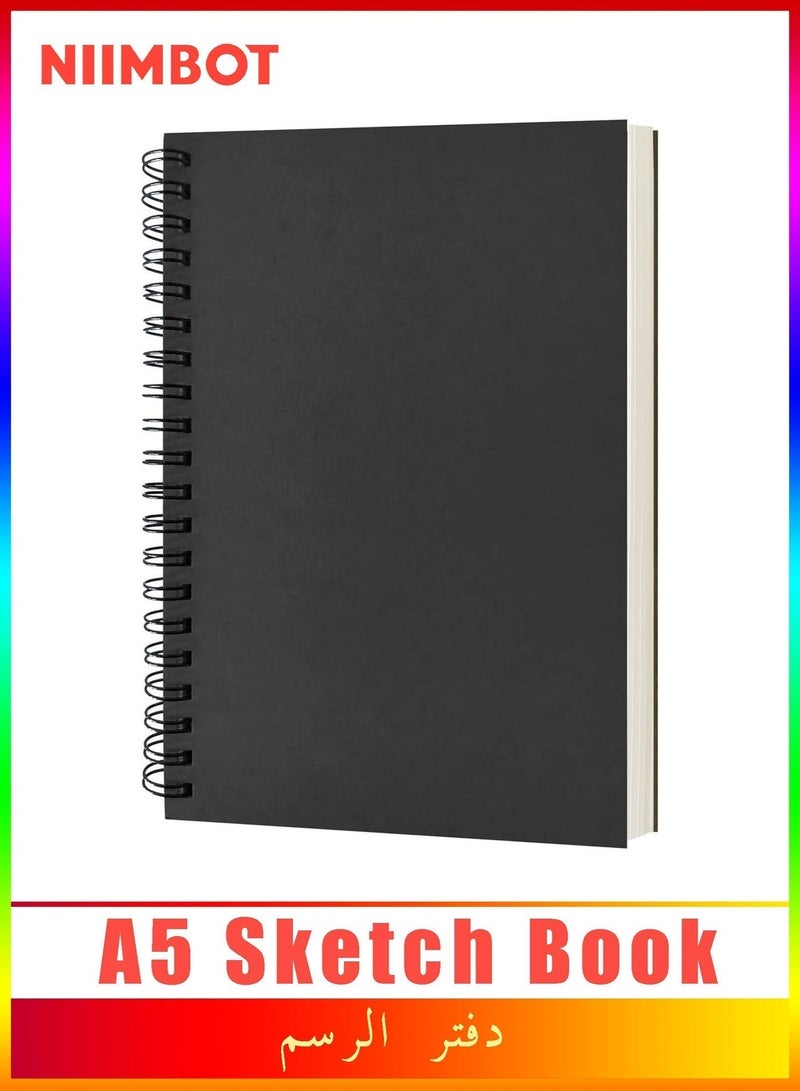 NIIMBOT 1 Piece Blank Spiral Notebook A5, Black Soft Cover White Paper Sketch Book with Thick Paper, 100 Pages 50 Sheets for Creative Writing and Drawing, Travel Journal Diary for Work Notes Study Planner, 21.2 x 14.2 cm - Image 1