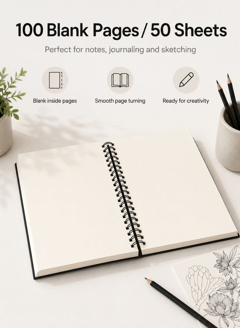 NIIMBOT 1 Piece Blank Spiral Notebook A5, Black Soft Cover White Paper Sketch Book with Thick Paper, 100 Pages 50 Sheets for Creative Writing and Drawing, Travel Journal Diary for Work Notes Study Planner, 21.2 x 14.2 cm - Image 3
