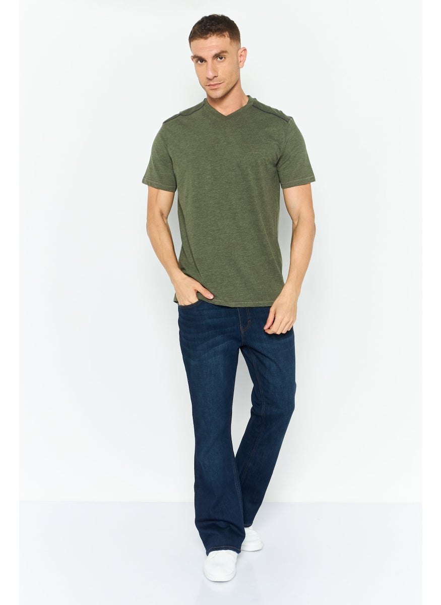 Company Eighty One - Men V Neck Short Sleeves Plain T-Shirt, Dark Olive - Image 1