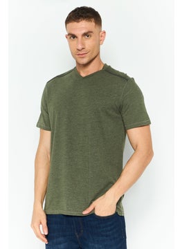 Men V Neck Short Sleeves Plain T-Shirt, Dark Olive