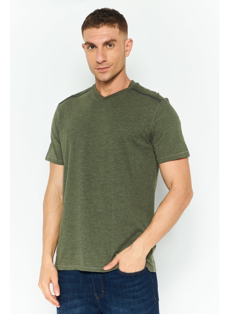 Company Eighty One - Men V Neck Short Sleeves Plain T-Shirt, Dark Olive - Image 1