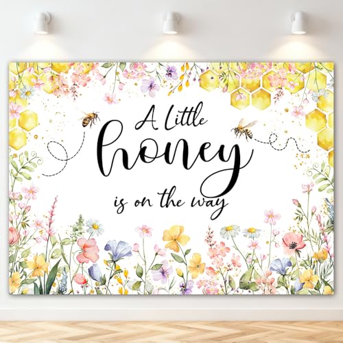 Mocsicka Bee Baby Shower Backdrop Honey Bee Girl Baby Shower Background A Little Honey is On The Way Party Decoration Photo Booth Props (7x5ft) - Image 1