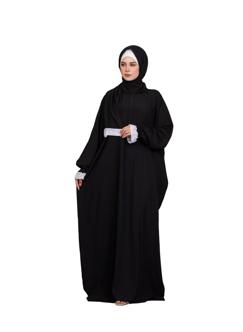 Bahga Fashion Women’s Prayer & Home Isdal – Fairoza Model – Imported Shrink-Resistant Viscose – White Lace Details – BLACK Color - Image 2