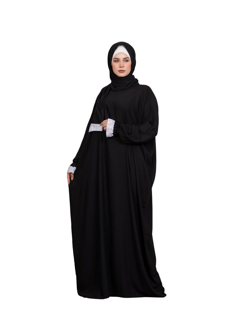 Bahga Fashion Women’s Prayer & Home Isdal – Fairoza Model – Imported Shrink-Resistant Viscose – White Lace Details – BLACK Color - Image 1