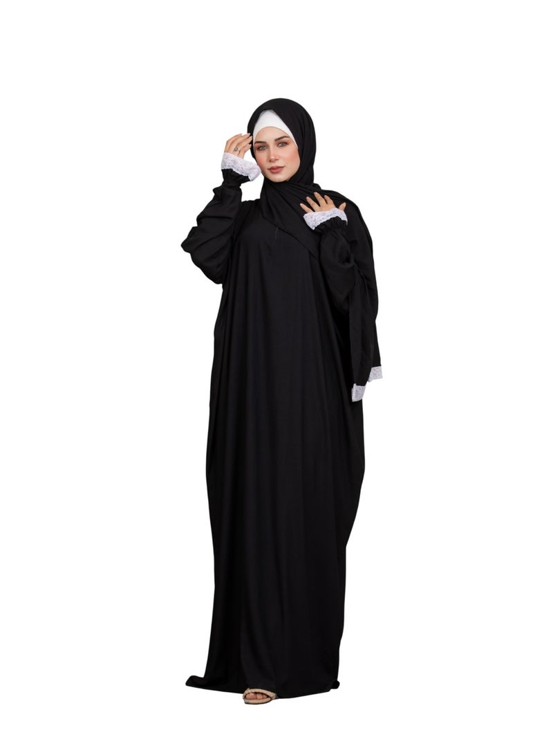 Bahga Fashion Women’s Prayer & Home Isdal – Fairoza Model – Imported Shrink-Resistant Viscose – White Lace Details – BLACK Color - Image 3