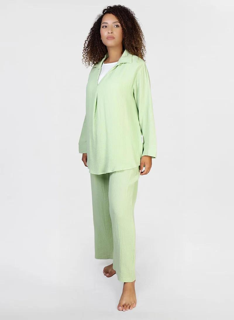 جيمي لي بوند Modest 2 PC Cotton Set Collared Long Sleeve Top and Pants