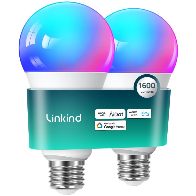 Linkind Smart Light Bulbs, 1600LM (100W Equivalent) Smart Bulb, Work with Alexa & Google Home, RGBTW Color Changing Bulb Music Sync, 2.4GHz Wi-Fi & Bluetooth, LED Alexa Light Bulbs 14W, A21 E26, 2Pack - Image 1