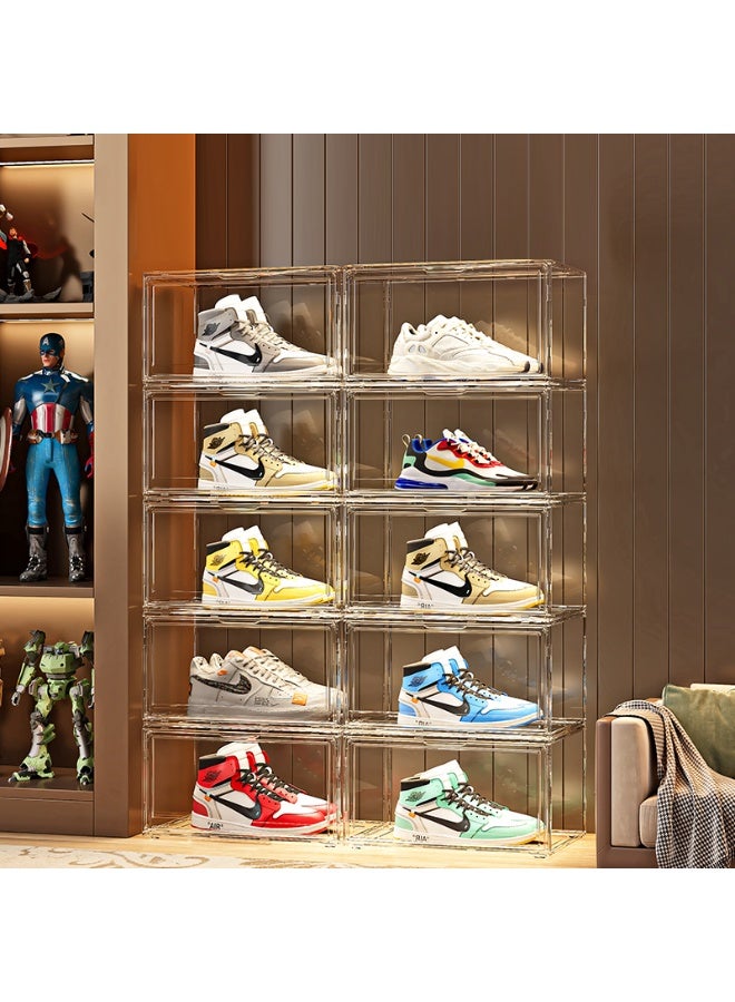 Pack of 10 Sturdy Clear Shoe Storage Organizer, Stackable Boxes for Closet, Foldable Space-Saving Shoe Rack for Sneaker Boot Container, Plastic Shoe Cabinet Shoe Box