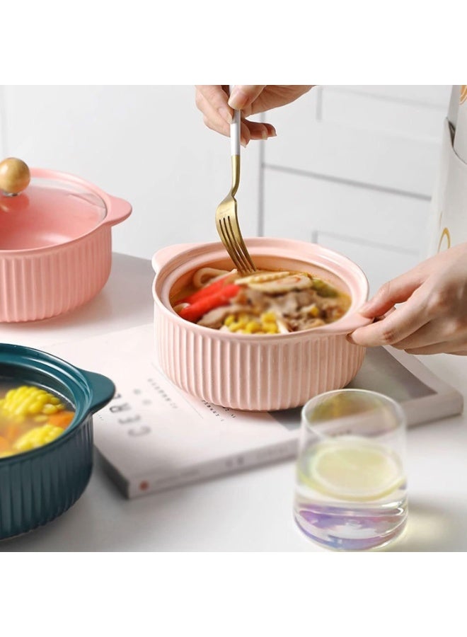 وعاء حساء سيراميك بمقبض مزدوج مقاس 15 سم - وعاء عميق مقاوم للحرارة من البورسلين للنودلز والأرز واليخنات والسلطات - آمن للاستخدام في الميكروويف وغسالة الأطباق، أدوات مائدة متينة للمطبخ - Image 2