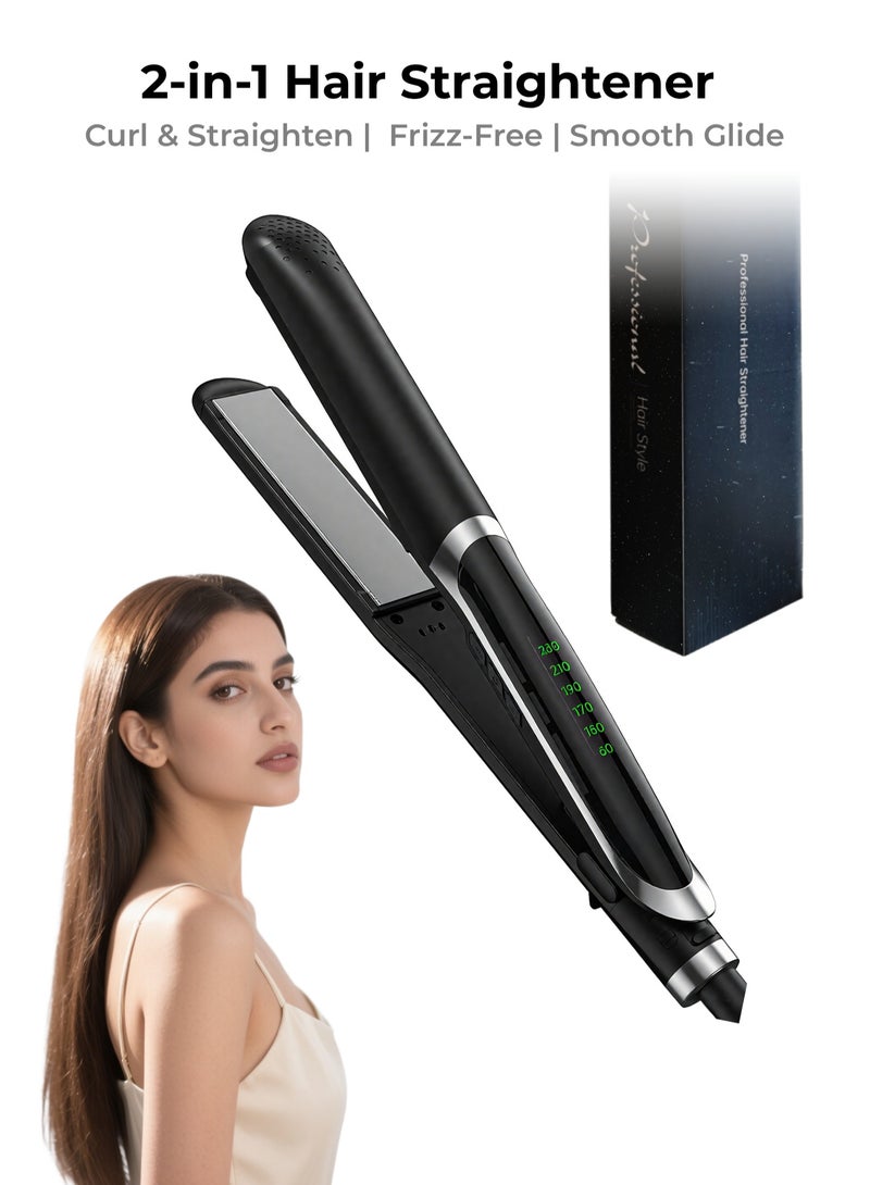 مكواة فرد الشعر بشاشة رقمية - 2 في 1 لفرد وتجعيد الشعر، 6 إعدادات حرارة حتى 230°م، تصميم مضغوط وسهل الحمل للسفر (أسود) - Image 1