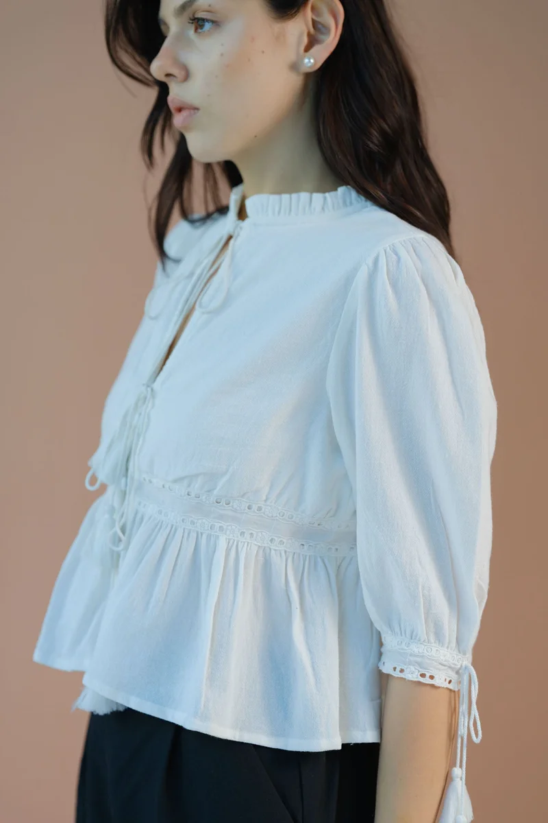 Virgio VIRGIO 100% Cotton Peplum Waist Front-Tie Top