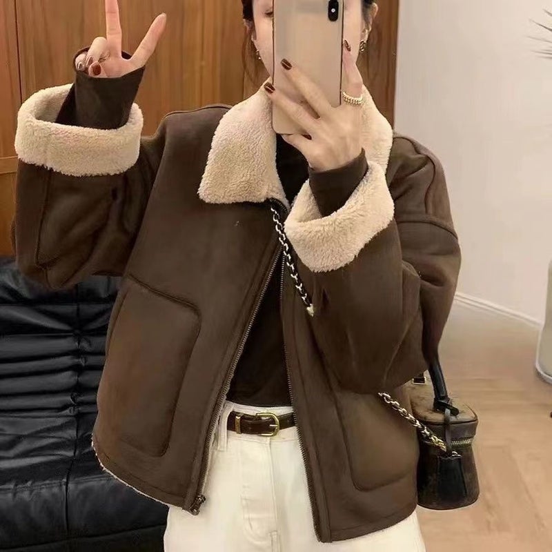 European Superior Sense Fur One-Piece Lambswool Coat Women'S Thickened Lapel Biker Jacket Top All-Match - Image 3