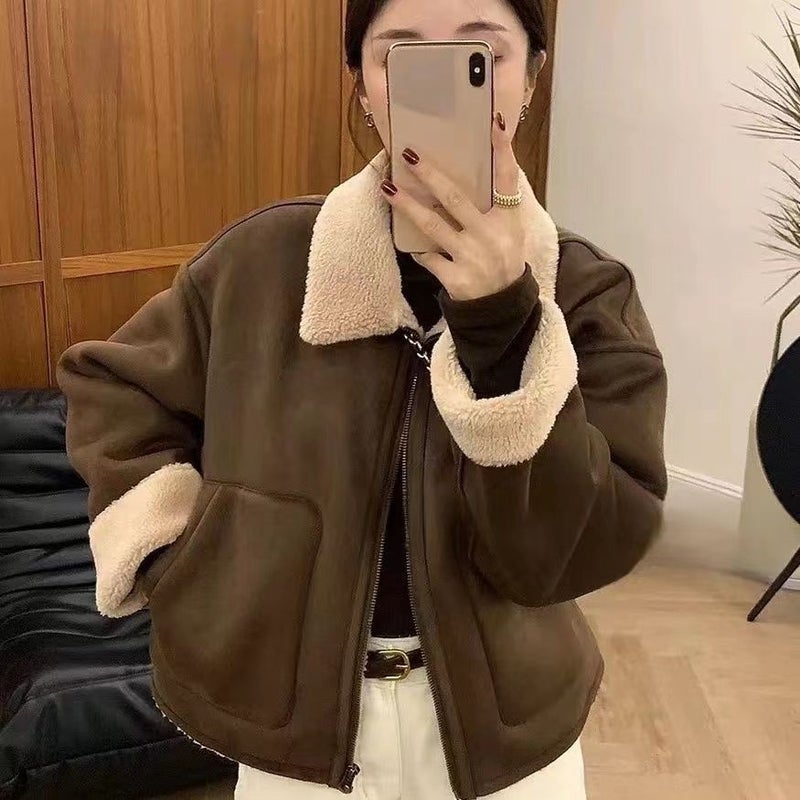 European Superior Sense Fur One-Piece Lambswool Coat Women'S Thickened Lapel Biker Jacket Top All-Match - Image 2
