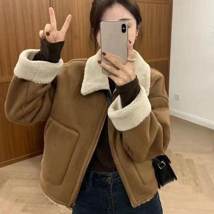 European Superior Sense Fur One-Piece Lambswool Coat Women'S Thickened Lapel Biker Jacket Top All-Match - Image 1