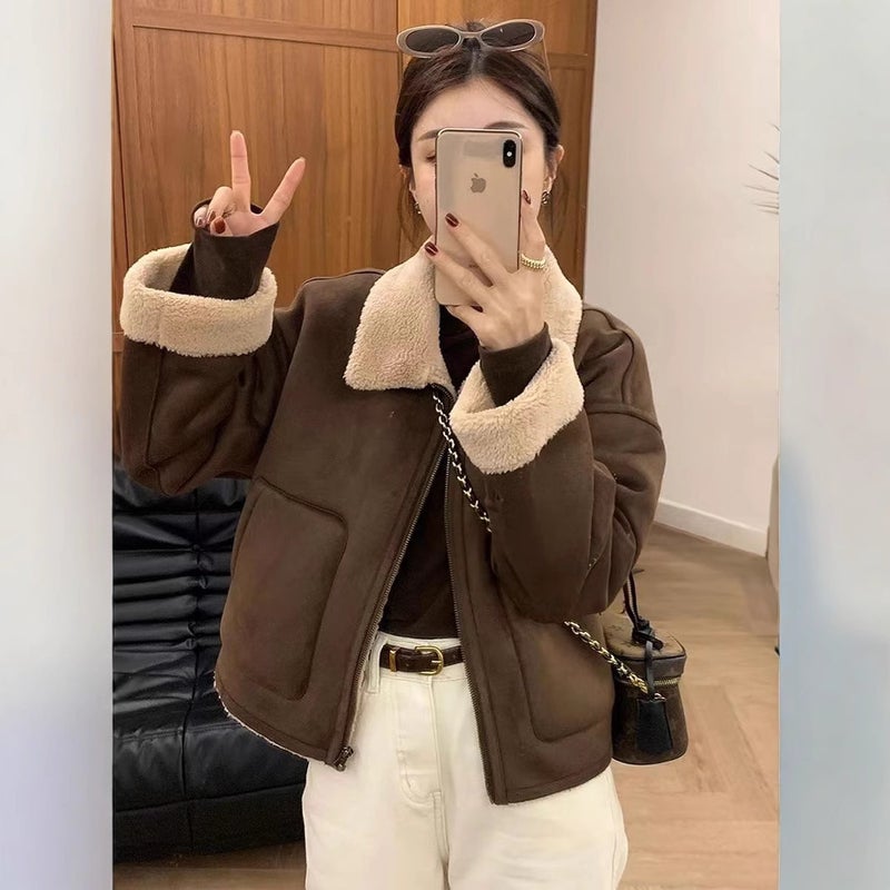European Superior Sense Fur One-Piece Lambswool Coat Women'S Thickened Lapel Biker Jacket Top All-Match - Image 4