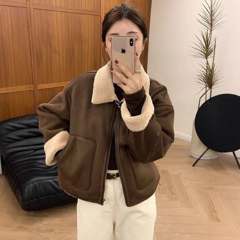 European Superior Sense Fur One-Piece Lambswool Coat Women'S Thickened Lapel Biker Jacket Top All-Match - Image 5