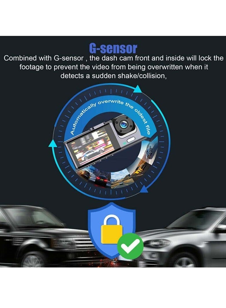 3 Channel Dash Cam, Dashcam Three Way Triple Car Camera with IR Night Vision,  Loop Recording & 2" IPS Screen 1080P Dash Cam Front and Rear Inside, (2 camera with 32G)