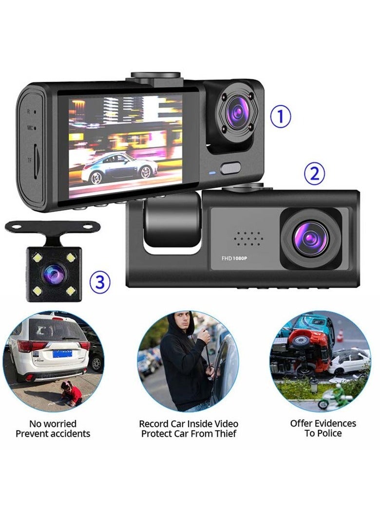 3 Channel Dash Cam, Dashcam Three Way Triple Car Camera with IR Night Vision,  Loop Recording & 2" IPS Screen 1080P Dash Cam Front and Rear Inside, (2 camera with 32G)