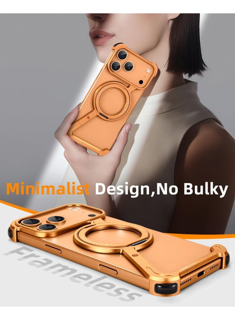 Oatsbasf for iPhone 17 Pro Max Case, 360° Rotation Kickstand Aluminum Metal Frameless Design Bumper Cover, Orange - Image 4