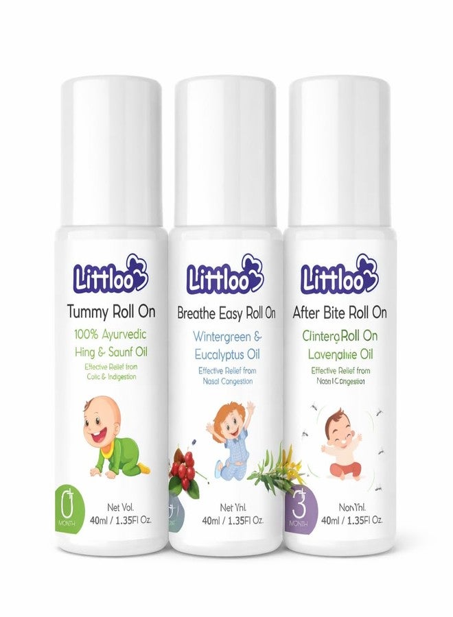 Littloo Baby Care Roll-On Combo (3 Pack) – Tummy + Breathe Easy + After Bite Roll-On | Ayurvedic Baby Care Oils | Gentle Daily Wellness Support