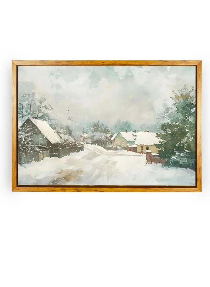 LOWHA Canvas Wall Art Stretched Over Wooden Frame with Wooden Color Floating Frame and Vintage Style Houses Surrounded By Trees and Snow Painting