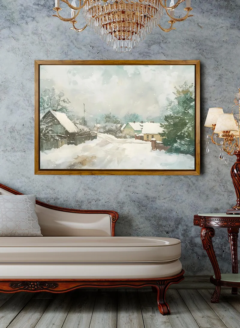 LOWHA Canvas Wall Art Stretched Over Wooden Frame with Wooden Color Floating Frame and Vintage Style Houses Surrounded By Trees and Snow Painting
