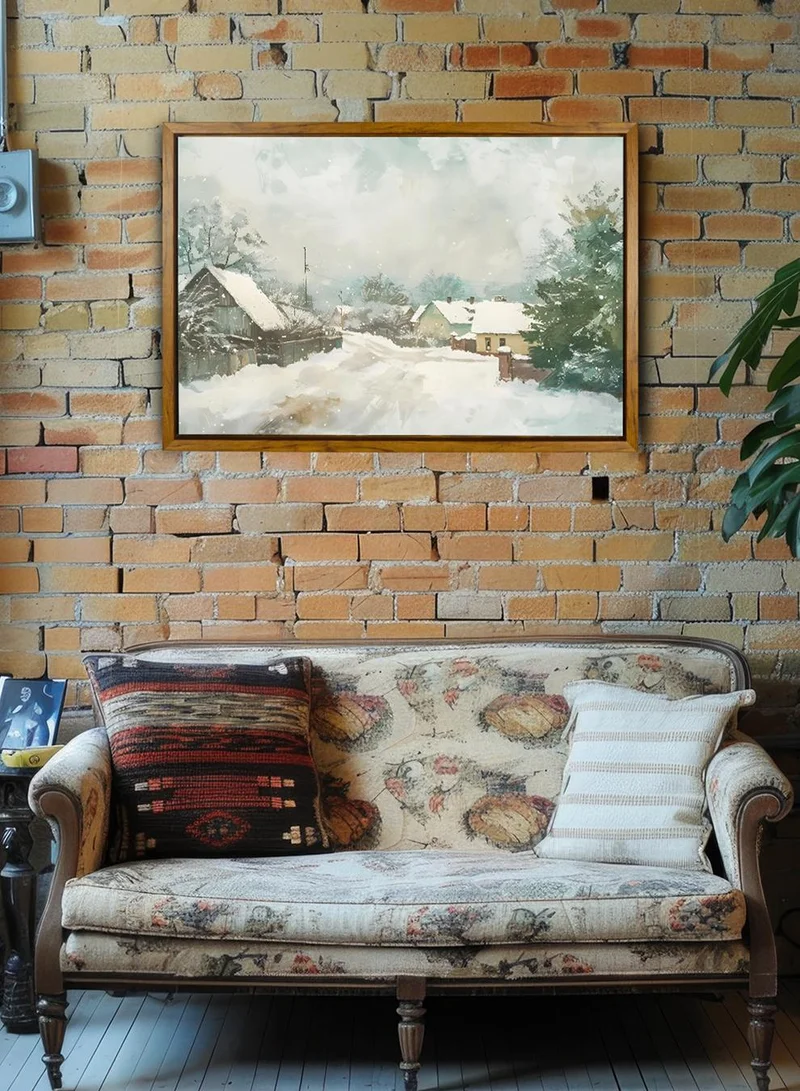 LOWHA Canvas Wall Art Stretched Over Wooden Frame with Wooden Color Floating Frame and Vintage Style Houses Surrounded By Trees and Snow Painting