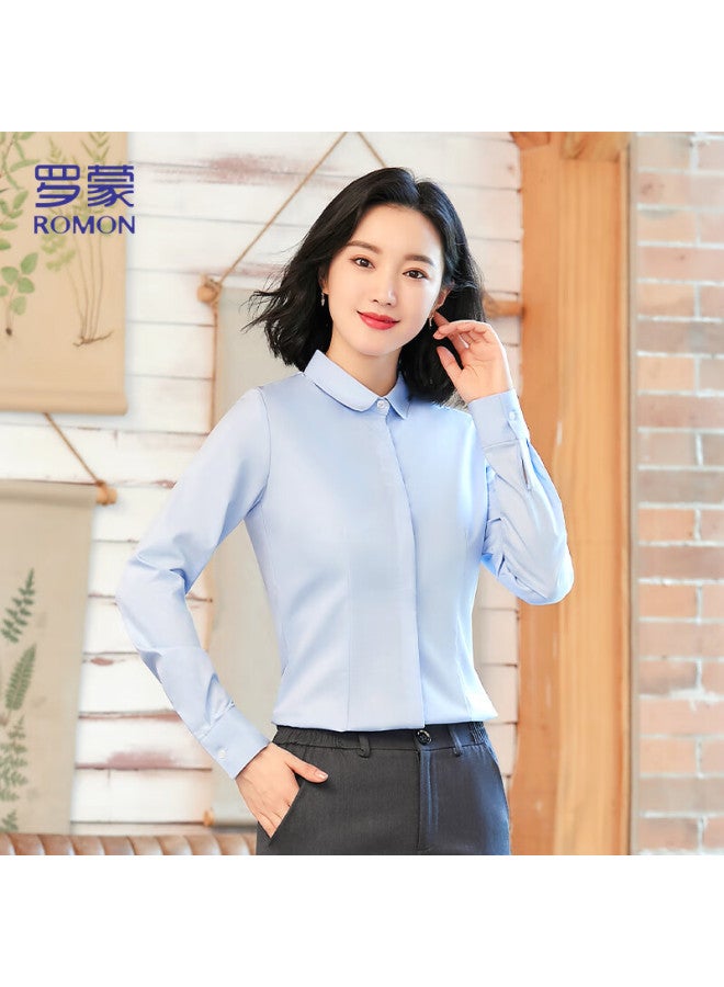 Luomeng [professional Attire] Women's Shirt, Winter Solid Color Business Slim-fit Lapel Long-sleeve Top, Light Blue XL