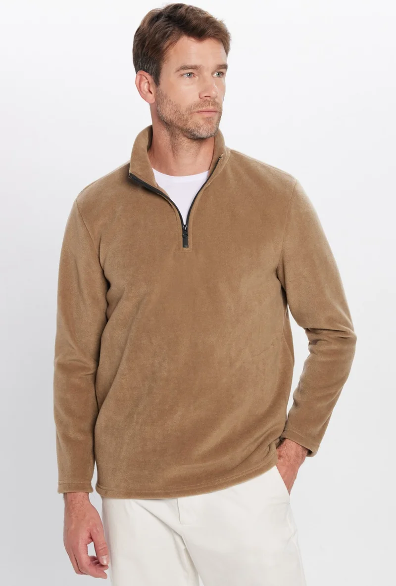 تودورس Men's Standard Fit Relaxed Cut Non-Pilling Cold Proof Khaki Stand Collar Fleece Sweatshirt