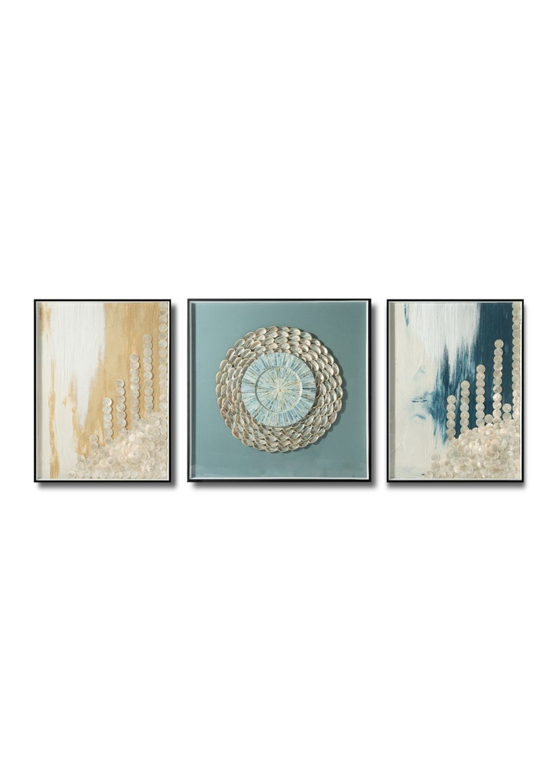 Modern Abstract Art Wall Decor Triptych 60x80cm + 80x80cm + 60x80cm Mirror & Shell 3D Canvas Painting for Living Room, Bedroom, Entryway - Image 1