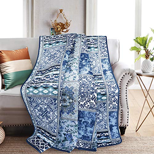 NEWLAKE Quilted Throw Blanket for Bed Couch Sofa, Blue Classic Bohemian, 60X78 Inch - Image 1