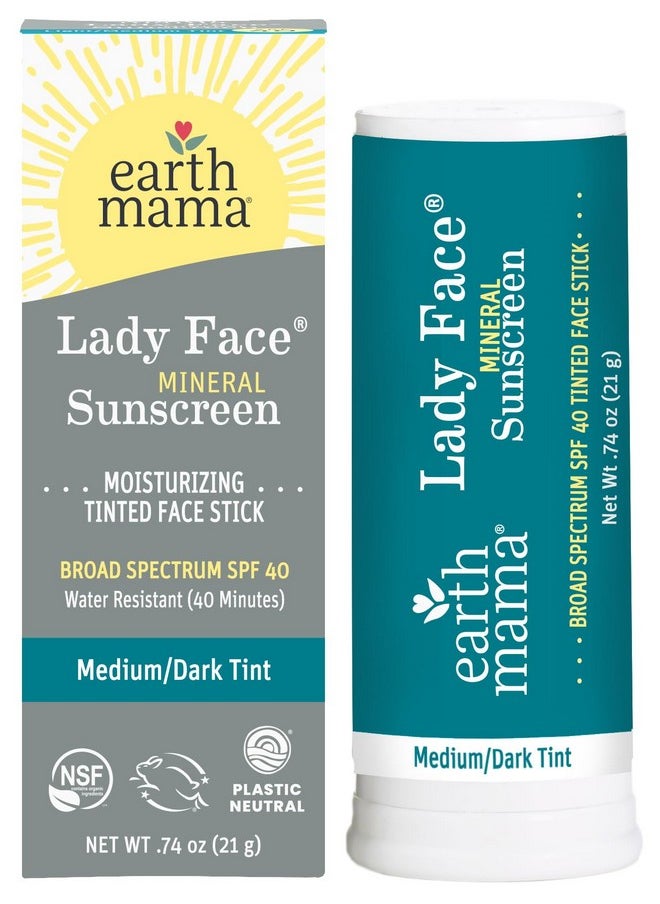 Earth Mama Earth Mama Lady Face® Tinted Mineral Sunscreen Stick, SPF 40 Medium/Dark Tint | Contains Organic Shea & Cocoa Butter | Foundation + Concealer + Contour, Blends with Most Skin Tones  - Image 1