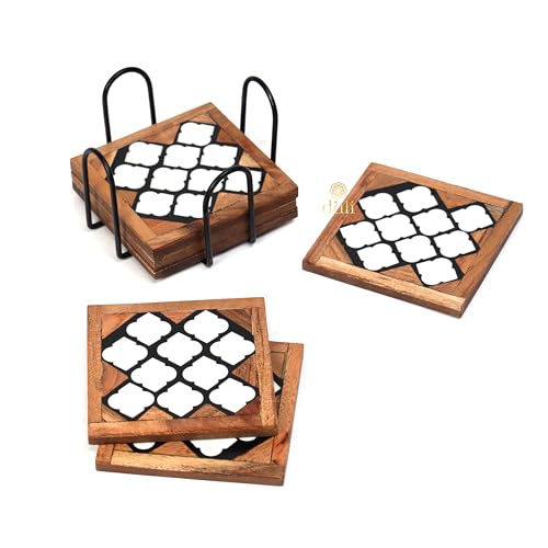 DULI Square Resin Inlay Work Coasters Set of 6 with Stand - Bar Wine Coasters for Table - Set of 6 Classy Yet Stylist Handmade Marble Stone Coaster Set with Holder (InlayCoasterW/Stand: HoneyPaan) - Image 5