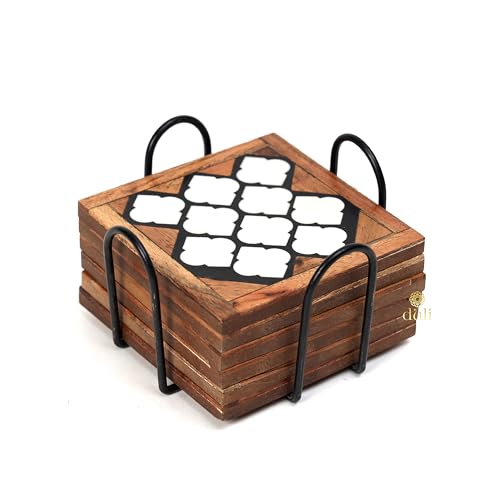 DULI Square Resin Inlay Work Coasters Set of 6 with Stand - Bar Wine Coasters for Table - Set of 6 Classy Yet Stylist Handmade Marble Stone Coaster Set with Holder (InlayCoasterW/Stand: HoneyPaan) - Image 3