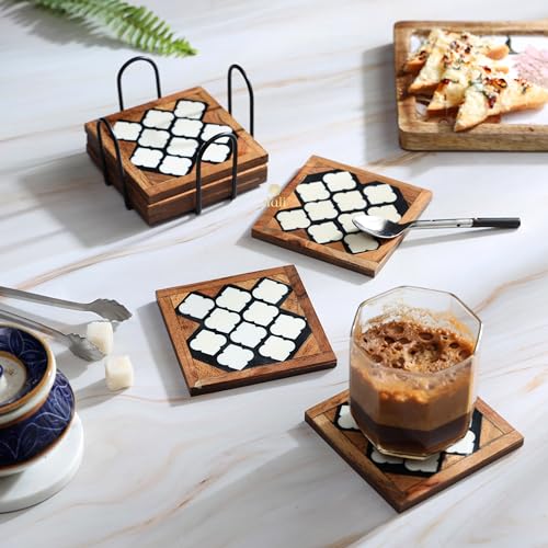DULI Square Resin Inlay Work Coasters Set of 6 with Stand - Bar Wine Coasters for Table - Set of 6 Classy Yet Stylist Handmade Marble Stone Coaster Set with Holder (InlayCoasterW/Stand: HoneyPaan) - Image 1