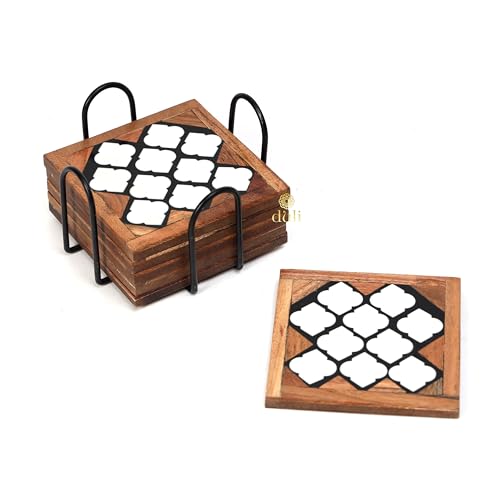 DULI Square Resin Inlay Work Coasters Set of 6 with Stand - Bar Wine Coasters for Table - Set of 6 Classy Yet Stylist Handmade Marble Stone Coaster Set with Holder (InlayCoasterW/Stand: HoneyPaan) - Image 4