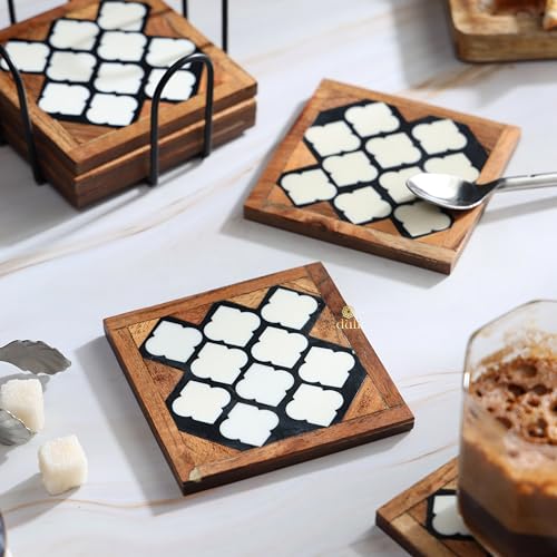 DULI Square Resin Inlay Work Coasters Set of 6 with Stand - Bar Wine Coasters for Table - Set of 6 Classy Yet Stylist Handmade Marble Stone Coaster Set with Holder (InlayCoasterW/Stand: HoneyPaan) - Image 2