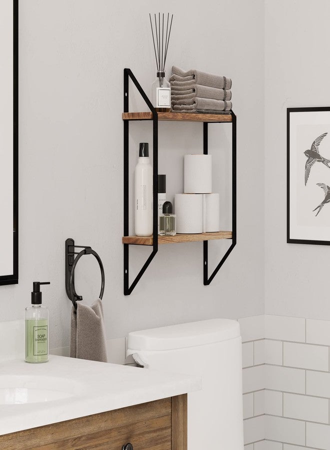 والنيتشر رف عائم من طبقتين من Wallniture Ponza لتنظيم وتخزين مستلزمات الحمام، مصنوع من خشب طبيعي محروق بنمط ريفي، مزود بدعامات معدنية. - Image 2