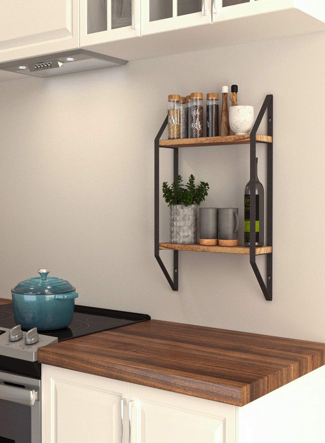 والنيتشر رف عائم من طبقتين من Wallniture Ponza لتنظيم وتخزين مستلزمات الحمام، مصنوع من خشب طبيعي محروق بنمط ريفي، مزود بدعامات معدنية. - Image 3