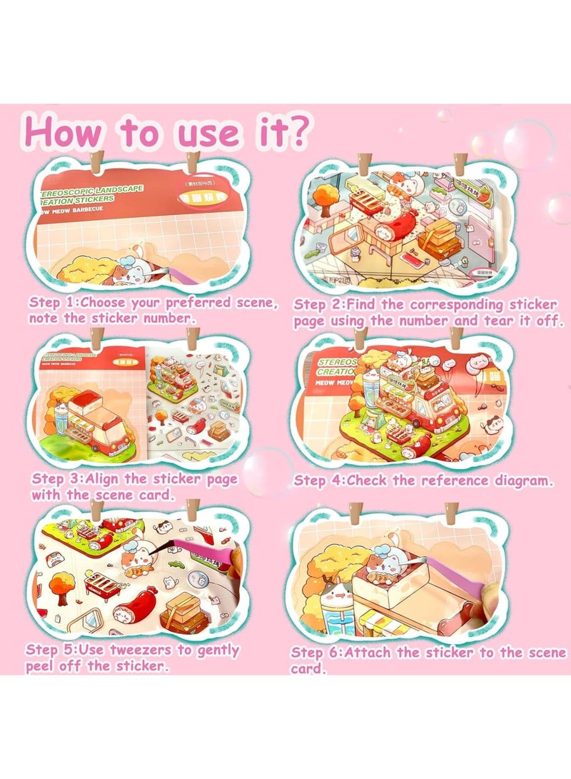 SYOSI DIY 3D House Stickers Kit, 20 Sets Non-Toxic Reusable Miniature Scene Craft with Tweezers, Safe Creative Sticker Therapy for Kids and Adults, Stress Relief Art Activity for Home School and Travel - Image 4