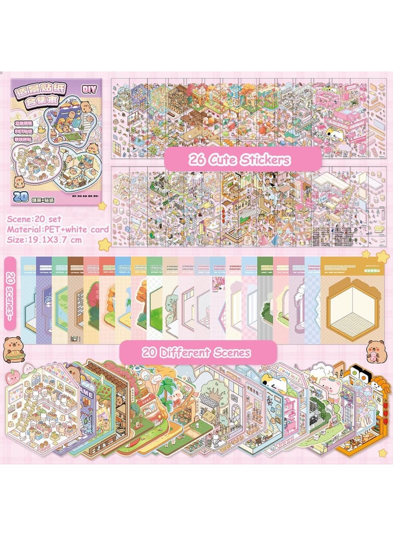 SYOSI DIY 3D House Stickers Kit, 20 Sets Non-Toxic Reusable Miniature Scene Craft with Tweezers, Safe Creative Sticker Therapy for Kids and Adults, Stress Relief Art Activity for Home School and Travel - Image 2