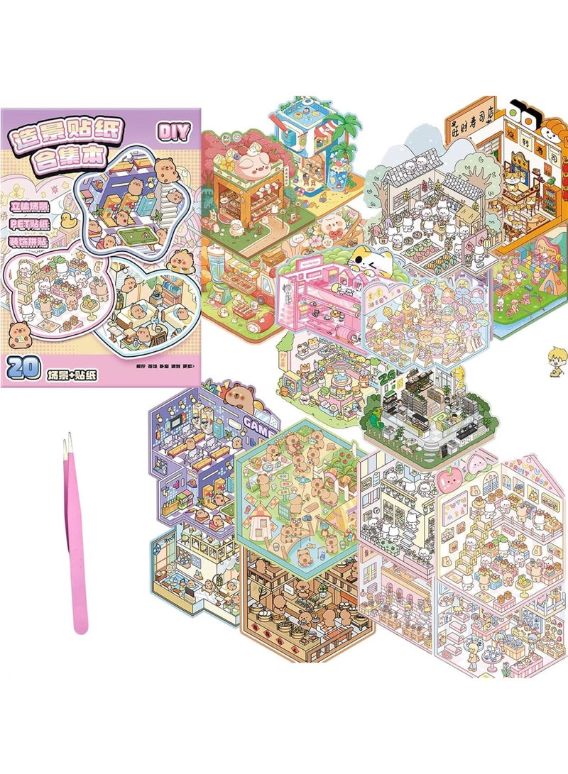 SYOSI DIY 3D House Stickers Kit, 20 Sets Non-Toxic Reusable Miniature Scene Craft with Tweezers, Safe Creative Sticker Therapy for Kids and Adults, Stress Relief Art Activity for Home School and Travel - Image 1