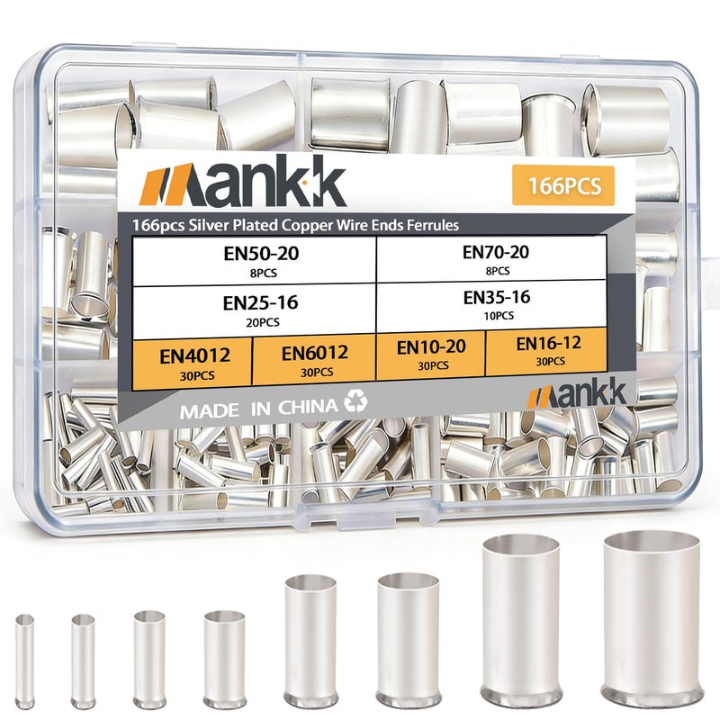 mankk/Wire Ends Ferrules Kit, 8 Sizes AWG (1/0 2/0 2 4 6 8 10 12) Silver Plated Copper Assortment Electrical Wire Crimp Connectors Terminals for Wiring Automotive Home Repair - Image 1