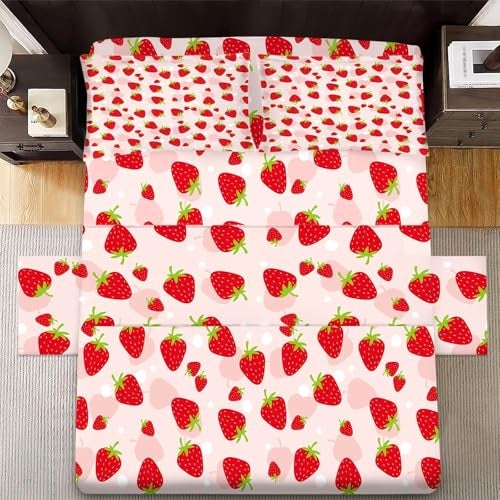 FUYEUN Pink Strawberry Sheet Set: Cute Strawberry Bedding Set Full/Queen Size for Women Girls Kids Teens Summer Fruits Bedroom Bed - 1 Flat Sheet, 1 Fitted Sheet, 2 Pillowcases - Image 2