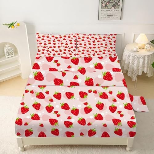 FUYEUN Pink Strawberry Sheet Set: Cute Strawberry Bedding Set Full/Queen Size for Women Girls Kids Teens Summer Fruits Bedroom Bed - 1 Flat Sheet, 1 Fitted Sheet, 2 Pillowcases - Image 1