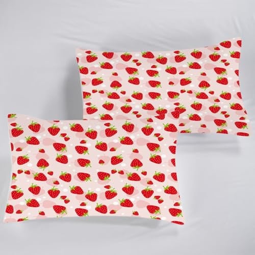 FUYEUN Pink Strawberry Sheet Set: Cute Strawberry Bedding Set Full/Queen Size for Women Girls Kids Teens Summer Fruits Bedroom Bed - 1 Flat Sheet, 1 Fitted Sheet, 2 Pillowcases - Image 4