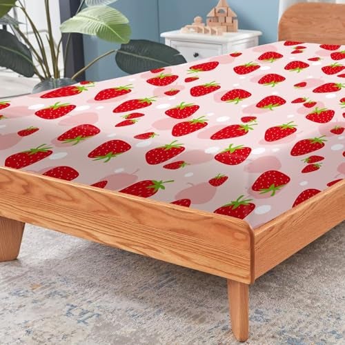 FUYEUN Pink Strawberry Sheet Set: Cute Strawberry Bedding Set Full/Queen Size for Women Girls Kids Teens Summer Fruits Bedroom Bed - 1 Flat Sheet, 1 Fitted Sheet, 2 Pillowcases - Image 5