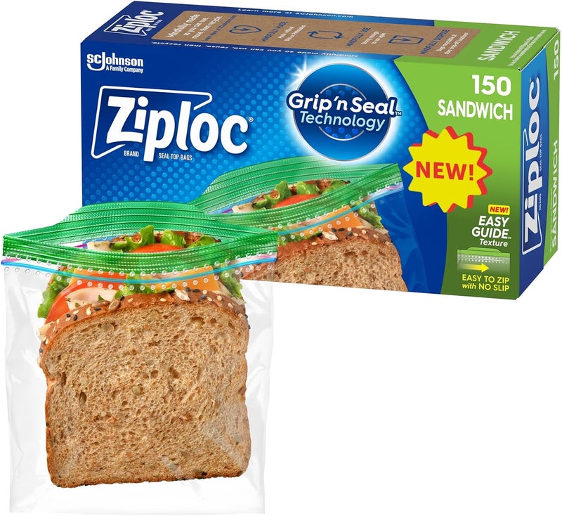 Ziploc Sandwich and Snack Bags with EasyGuide Texture Plastic Storage Bags with Grip n Seal Technology 150 Bags Total - Image 1