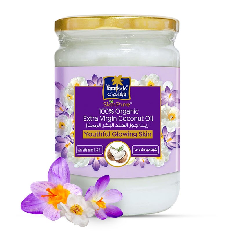 Parachute Advansed SkinPure 100% Organic Extra Virgin Coconut Oil with Vitamin E & F |Face & Body Oil Moisturizer| For Youthful, Glowing Skin| Evens Skin Tone| Cold Pressed | 6.7 fl.oz | Glass Jar - Image 1